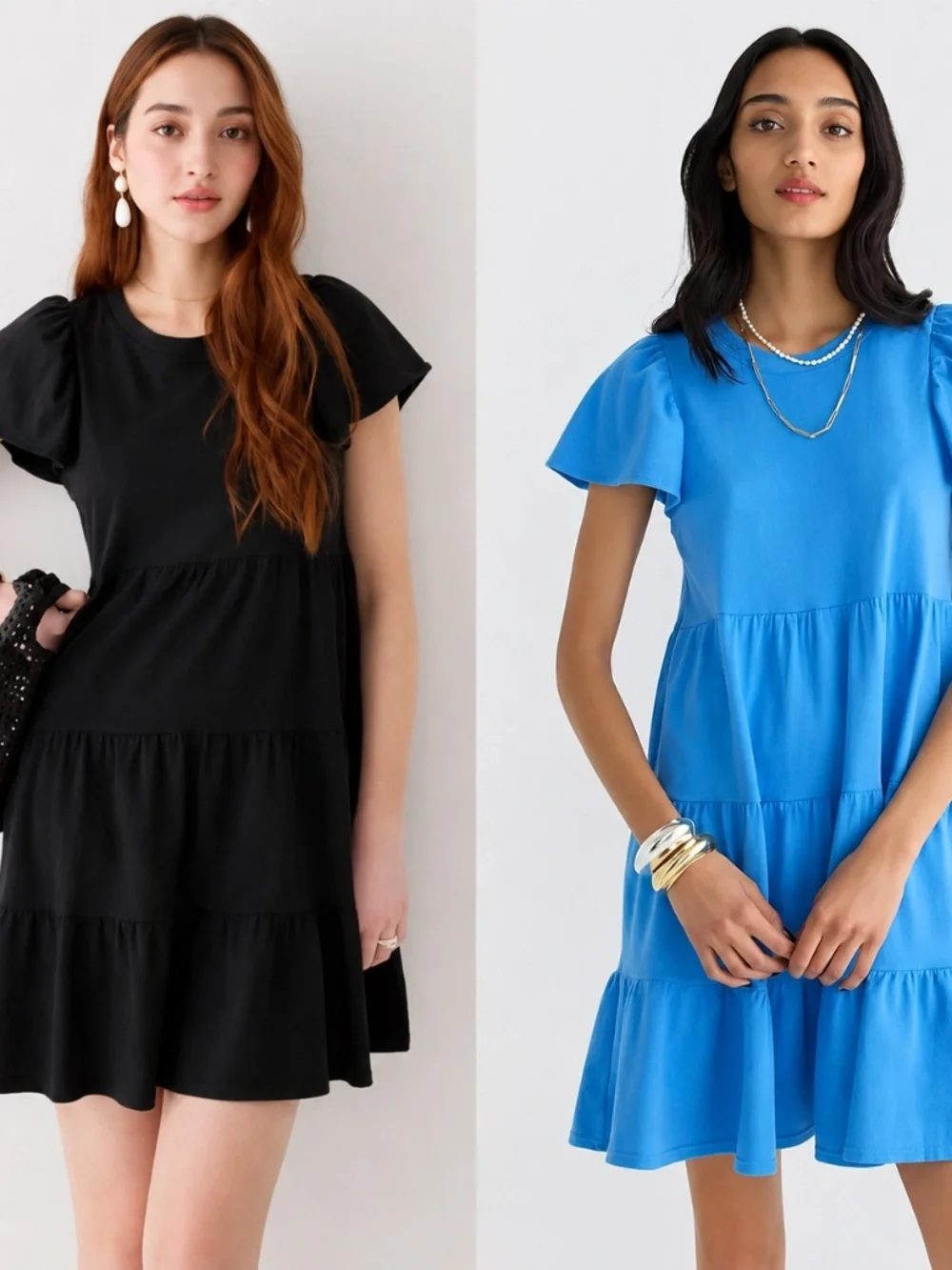 J.Crew Broken-In Jersey Tiered Mini Dress Womens L Black Blue 100% Cotton Lot 2